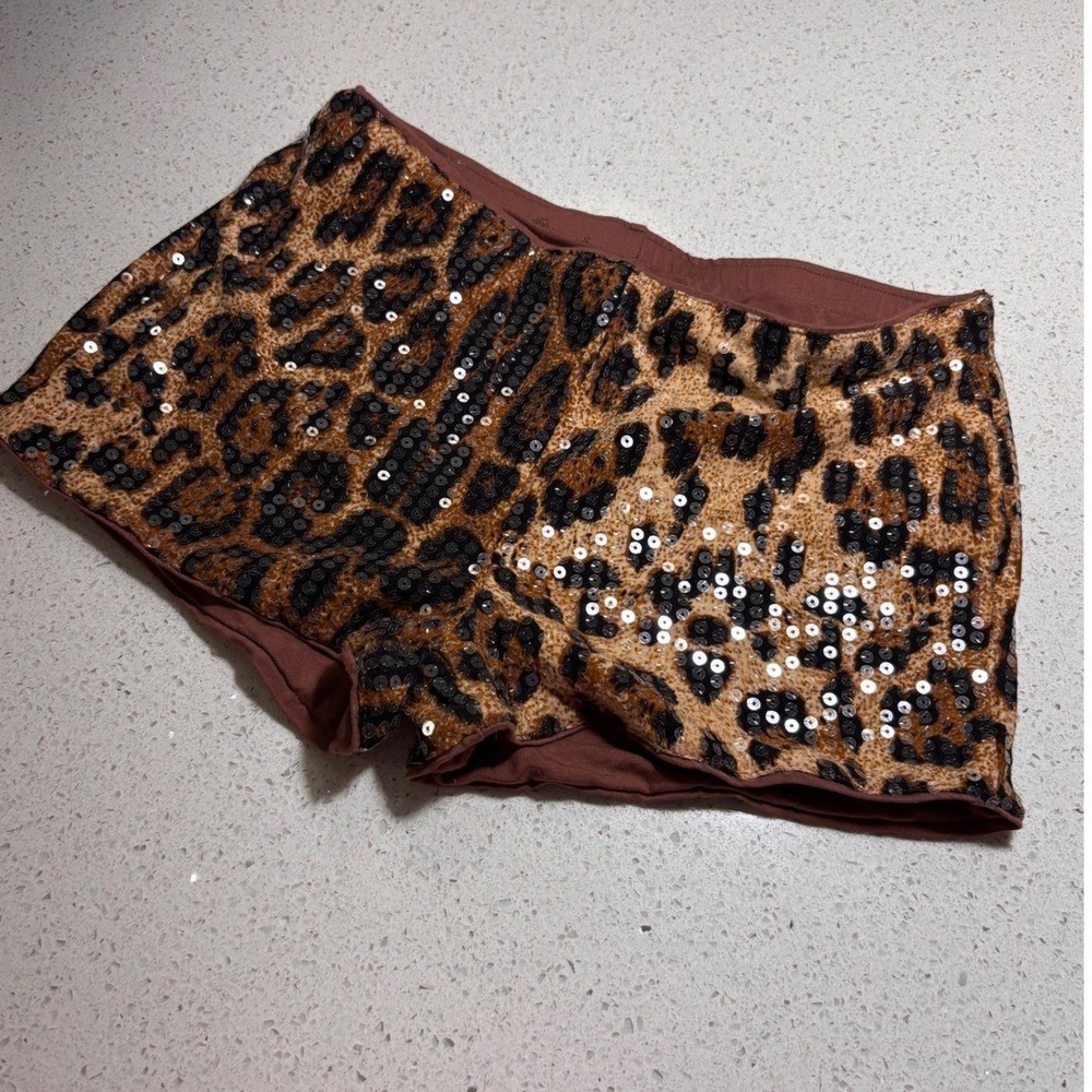 SHEIN Women Leopard Print Sequin Booty Shorts Brown Black XS Festival Clubwear